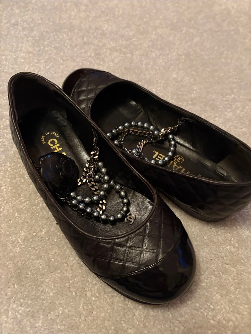 Vintage CHANEL Black Quilted Leather Ballet Flats with Gold Logo Insole